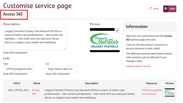 Descendant/Child Service in edit mode. Access 365 highlighted
